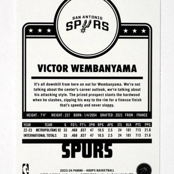 2023-24 NBA Hoops VICTOR WEMBANYAMA Teal Explosion Holo SP Spurs RC #298 Tribute - Picture 4 of 4